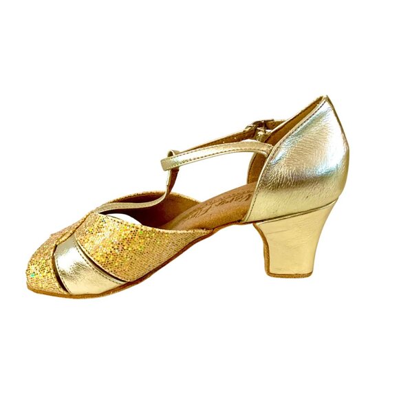 Very Fine Soft Gold Glitter Latin Dance Shoes Cuban Heel Open Toe Size 5 Leather - Picture 5 of 8